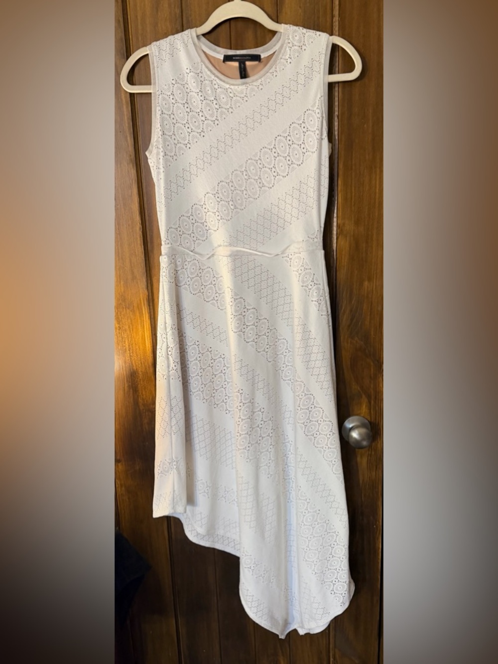 BCBGMaxAzria White Asymmetrical Eyelet Midi Dress